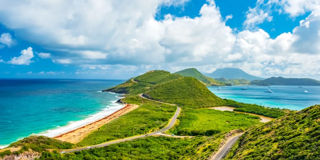 Aerial view of St Kitts peninsula with turquoise sea on both sides, Saint Kitts and Nevis