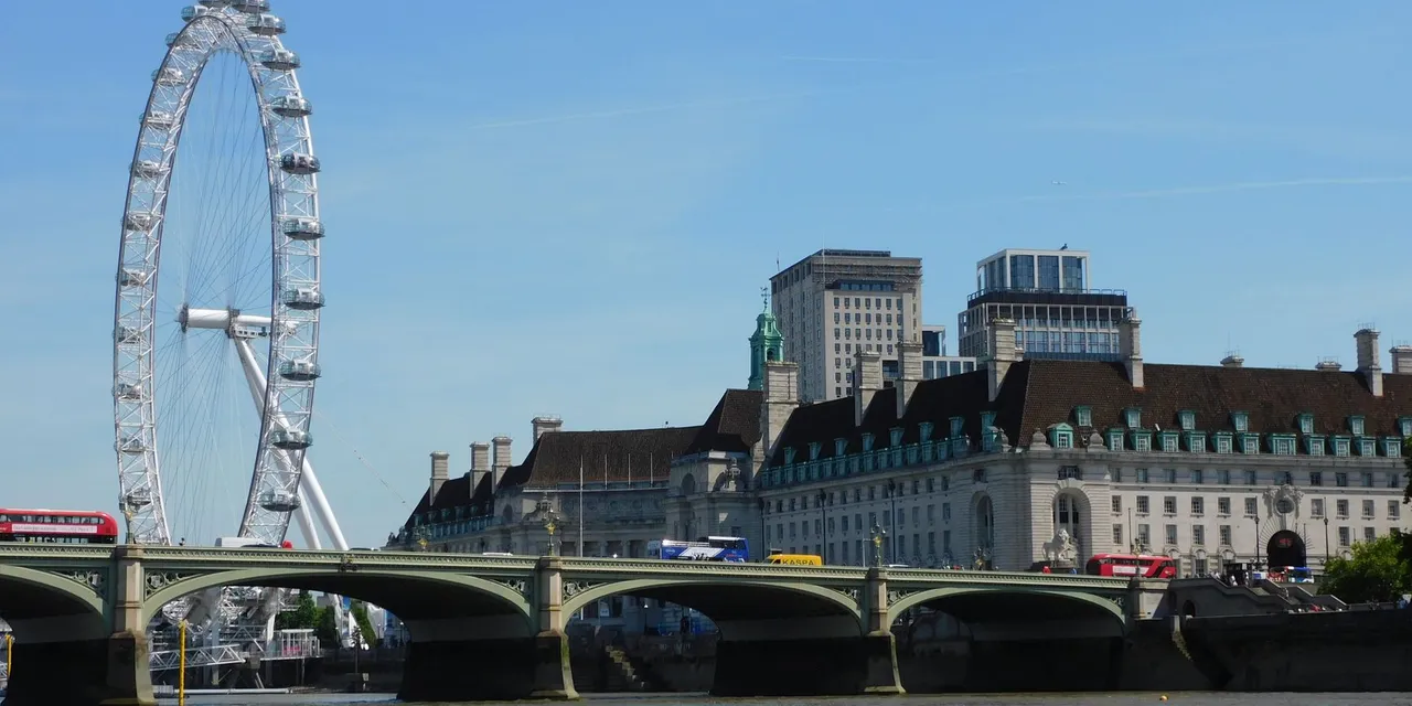 A scenic view of the London Eye and River Thames with historic architecture and clear sky.