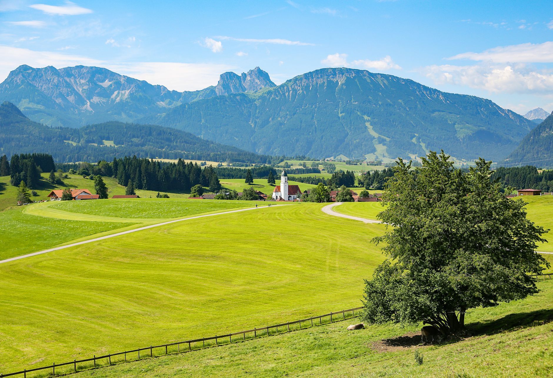 Beautiful rural landscape with lush fields, mountains, and quaint village in sunny weather.