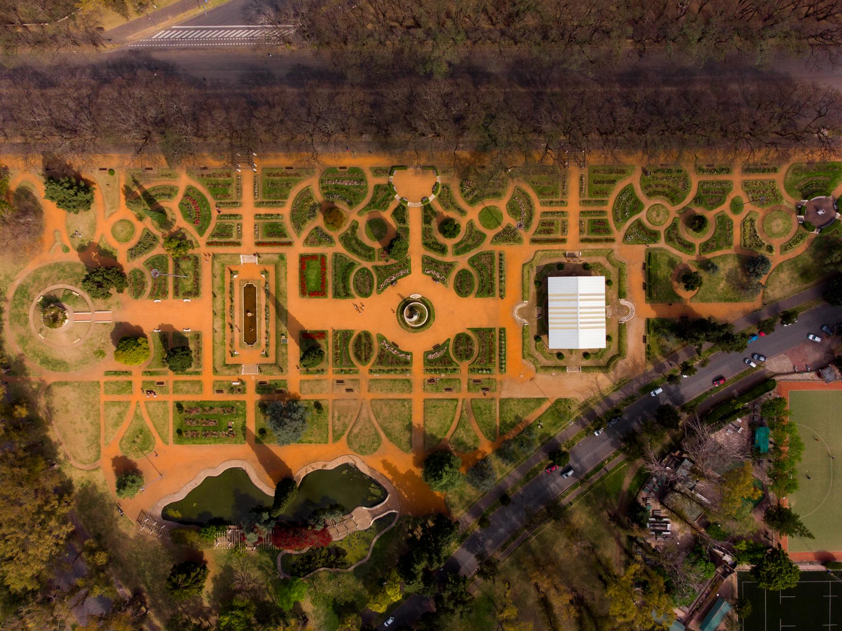 Stunning aerial view of Parque de la Independencia, Rosario, Argentina showcasing geometric garden design.