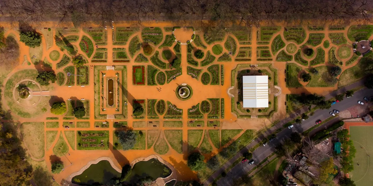 Stunning aerial view of Parque de la Independencia, Rosario, Argentina showcasing geometric garden design.