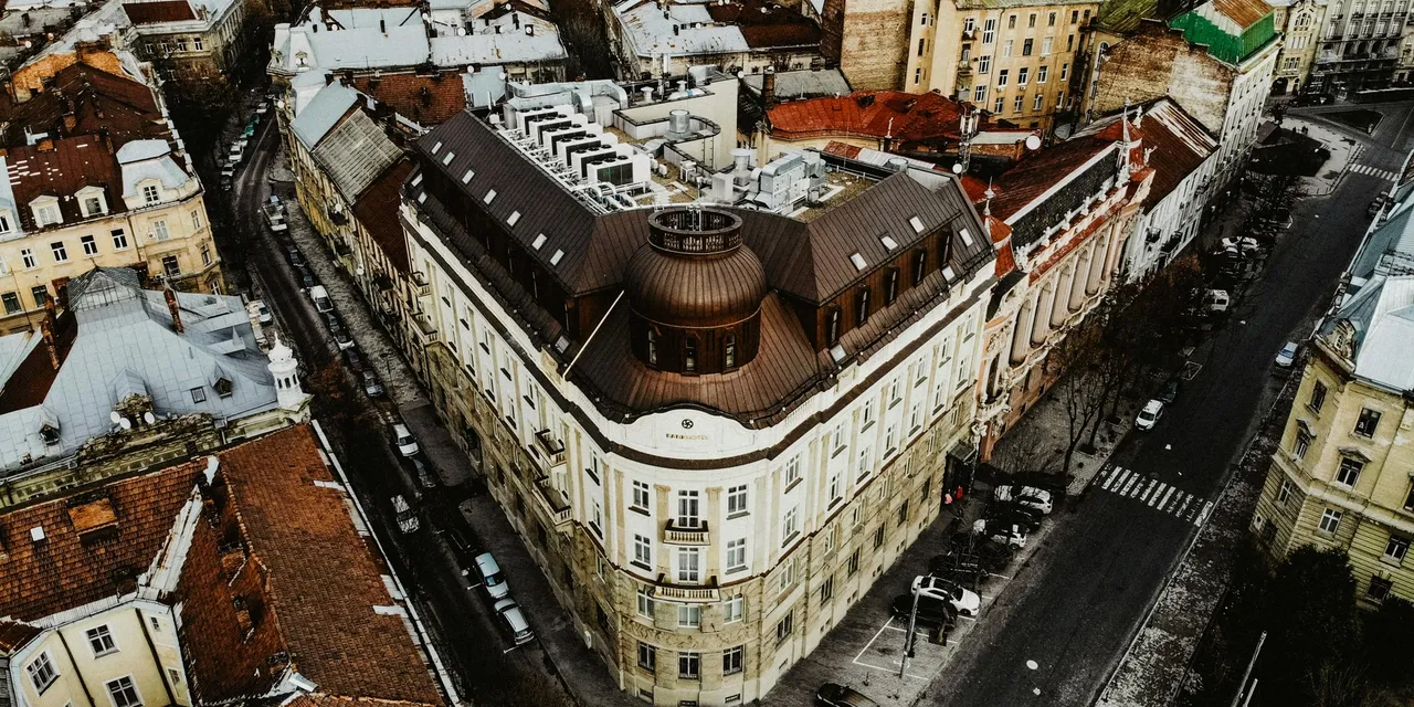 Aerial view of Lviv old town with ornate dome building, Ukraine