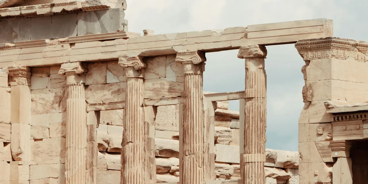 Beautiful ancient columns at the Acropolis in Athens, Greece, UNESCO site.