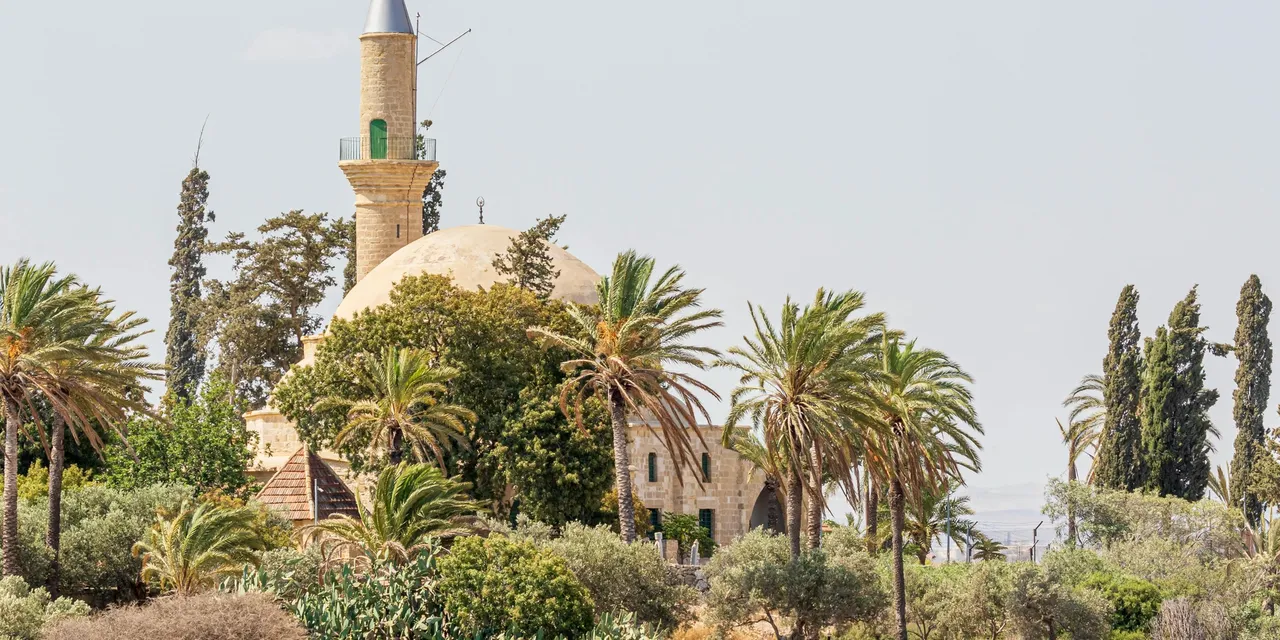 Hala Sultan Tekke mosque with palm trees, Cyprus