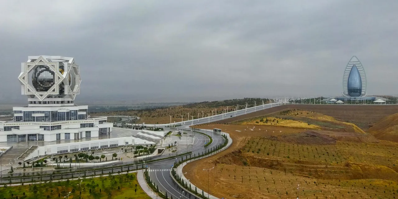 Aerial view of the Wedding Palace and Yyldyz Hotel in Ashgabat, Turkmenistan.