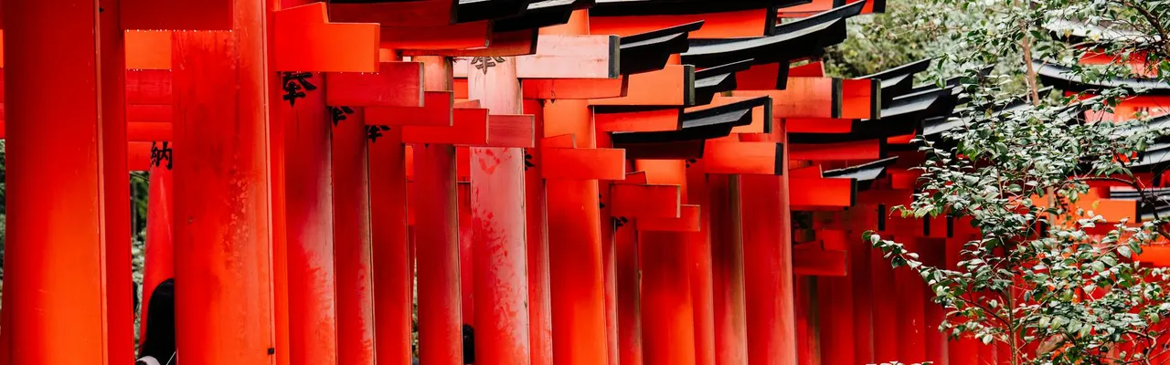 Explore the vibrant red torii gates at Fushimi Inari Shrine in Kyoto, Japan, surrounded by lush greenery.