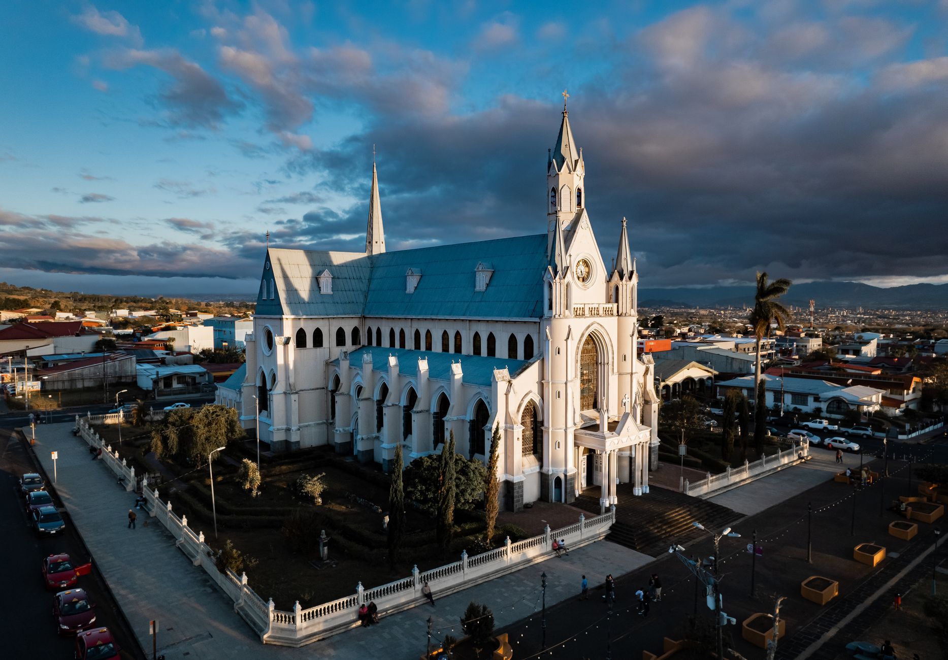 Stunning aerial view of Iglesia San Rafael, a prominent church in Heredia, Costa Rica, during the day.