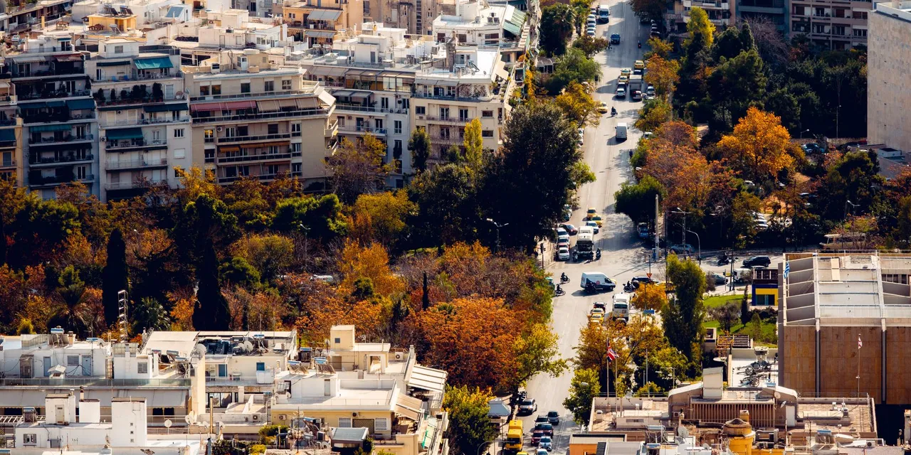 Stunning aerial view of Athens showing a vibrant cityscape with autumn colors.