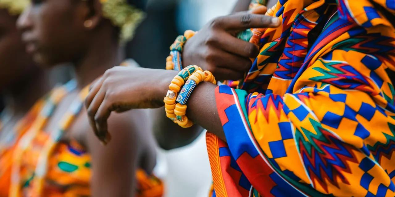 Ghanaian women in vibrant kente cloth at a cultural celebration, Ghana
