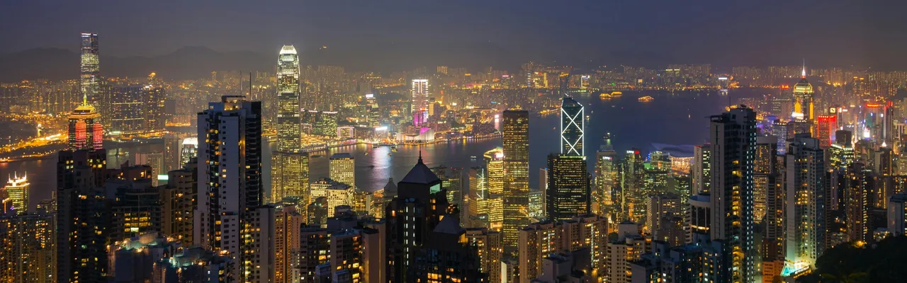 Hong Kong skyline at night from Victoria Peak with Victoria Harbour glowing below