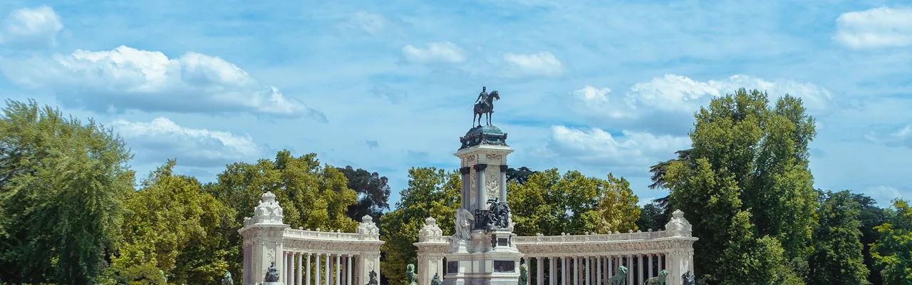 View of the Monument to Alfonso XII in Parque del Retiro, Madrid.