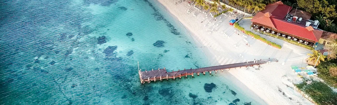 Aerial shot of a tropical beach with a pier, turquoise waters, and a resort in Cozumel.