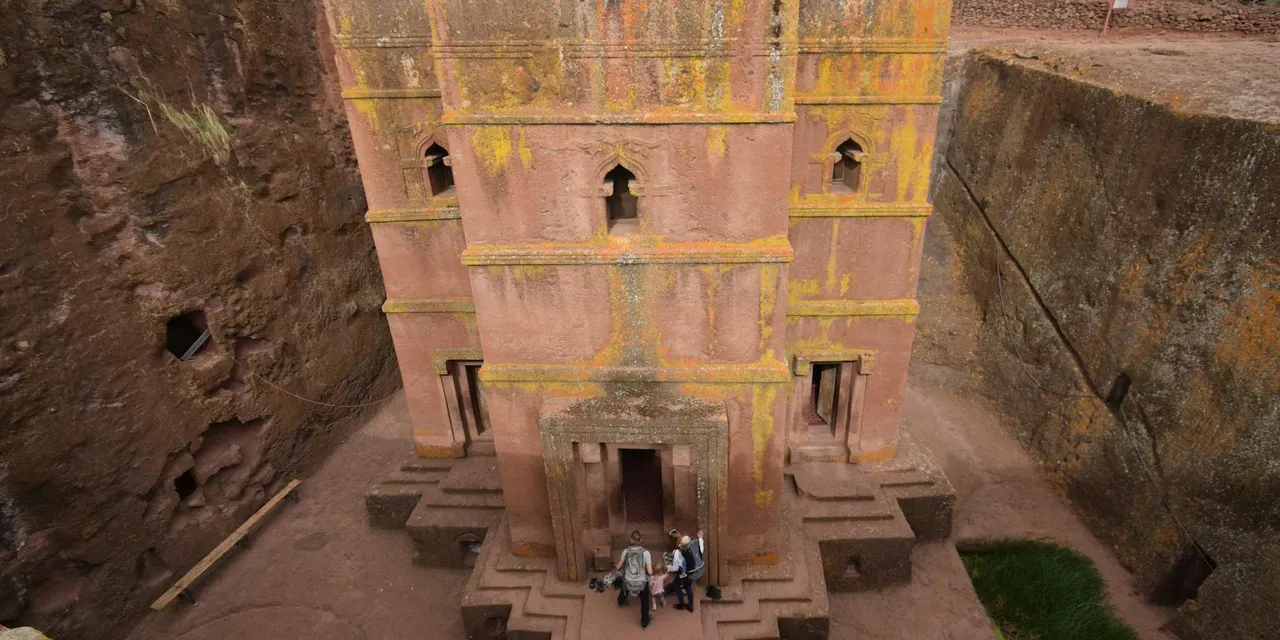 Stunning view of a rock-hewn church in Lalibela, Ethiopia, showcasing its architectural brilliance.