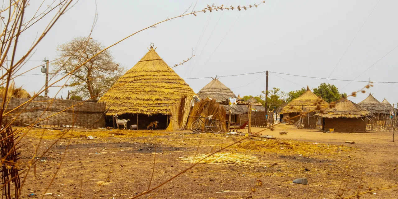 Traditional thatched-roof huts in a Senegalese village, Senegal
