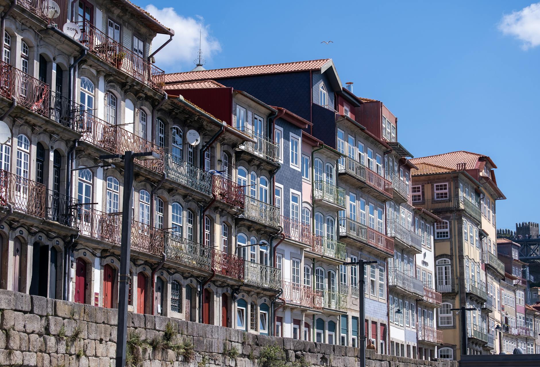 Vibrant, historic waterfront buildings along Porto's scenic riverfront under a clear blue sky.