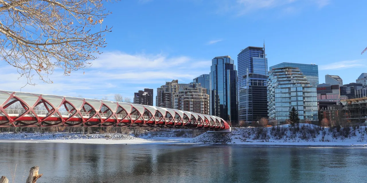 A winter scene of the Peace Bridge over Bow River with Calgary skyline.