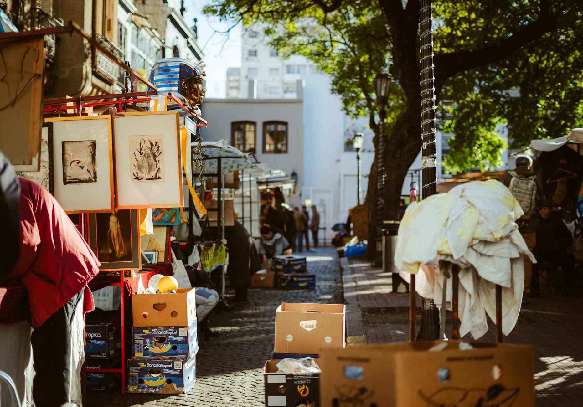 A bustling outdoor street market in Buenos Aires with art and goods on display.
