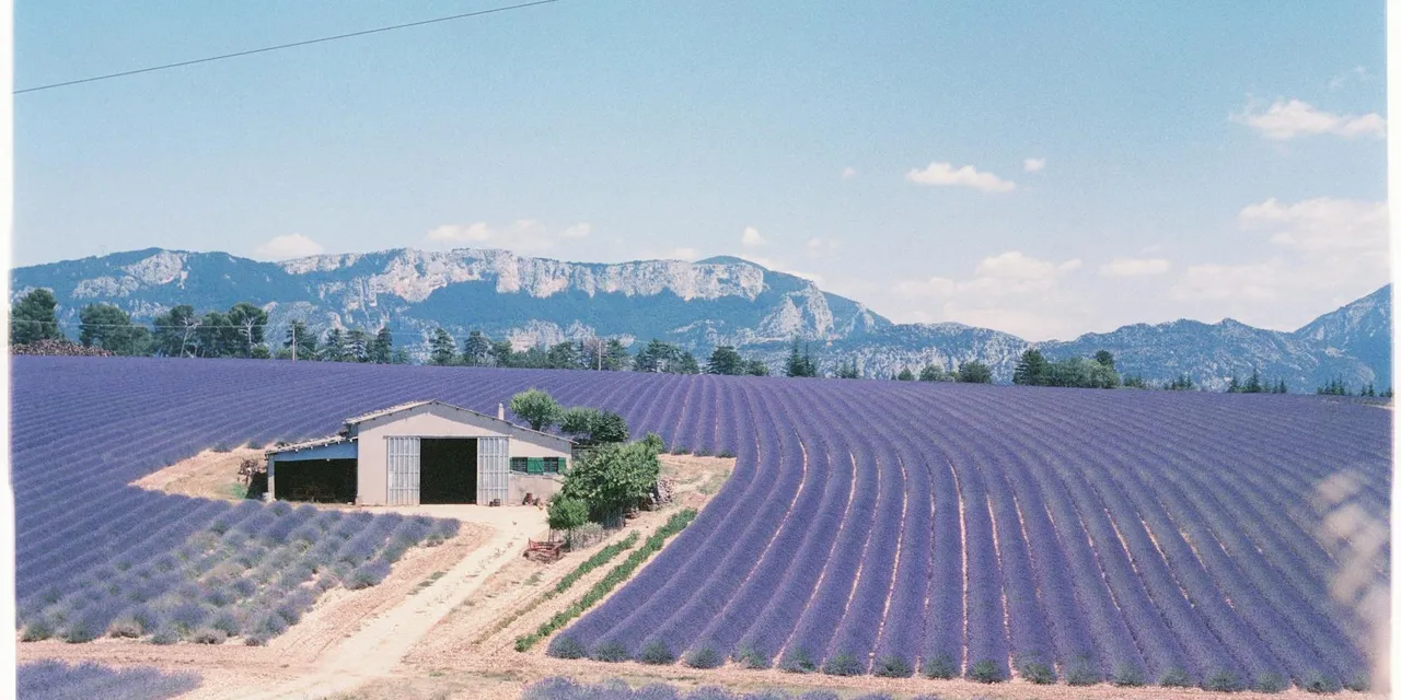 Lavender fields stretch to the horizon with a farmhouse in Aix-en-Provence, France.