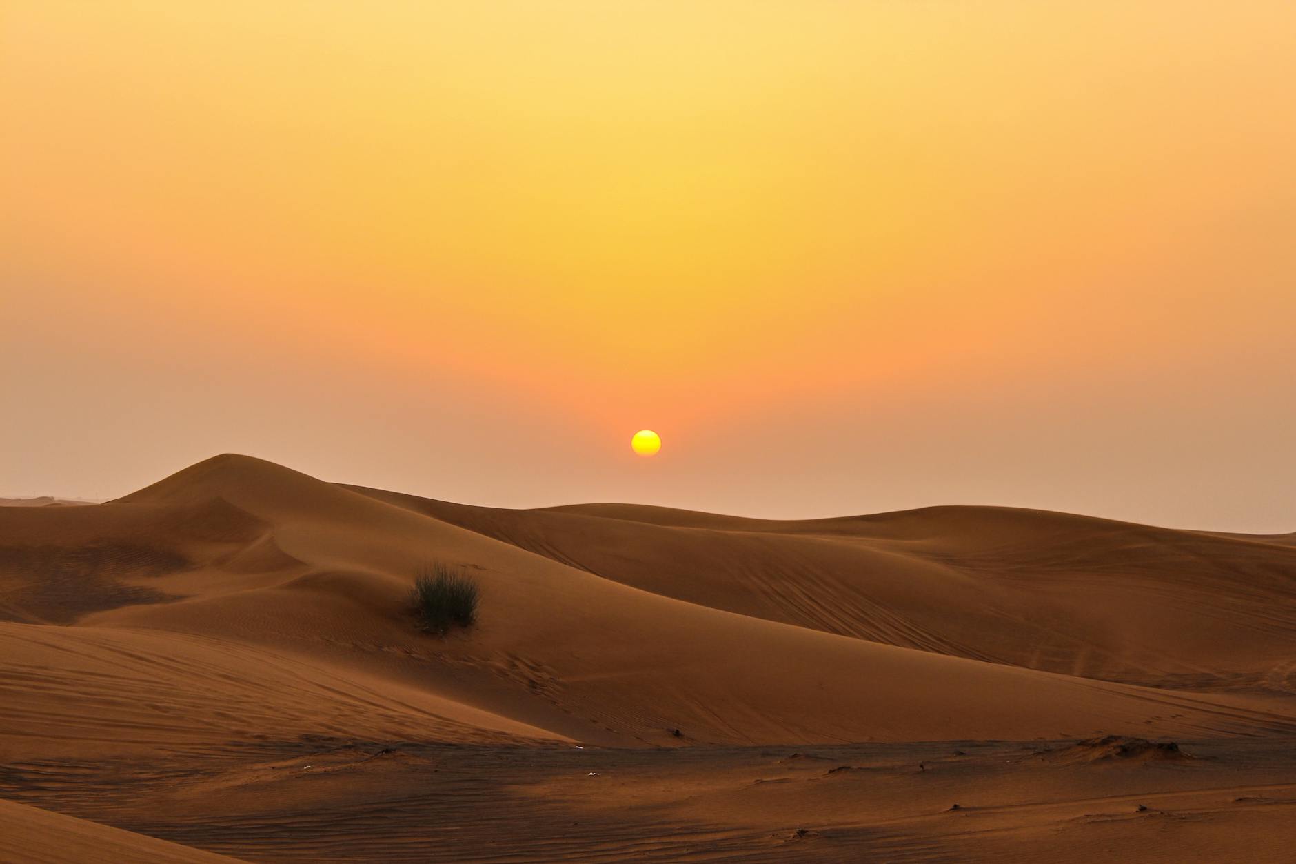 Stunning view of golden sand dunes and sunset in Dubai desert.