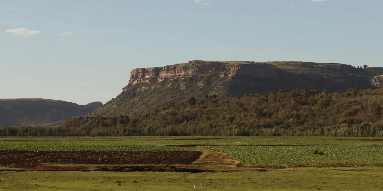 Serene view of Lesotho's lush fields and rugged mountains under clear blue skies.