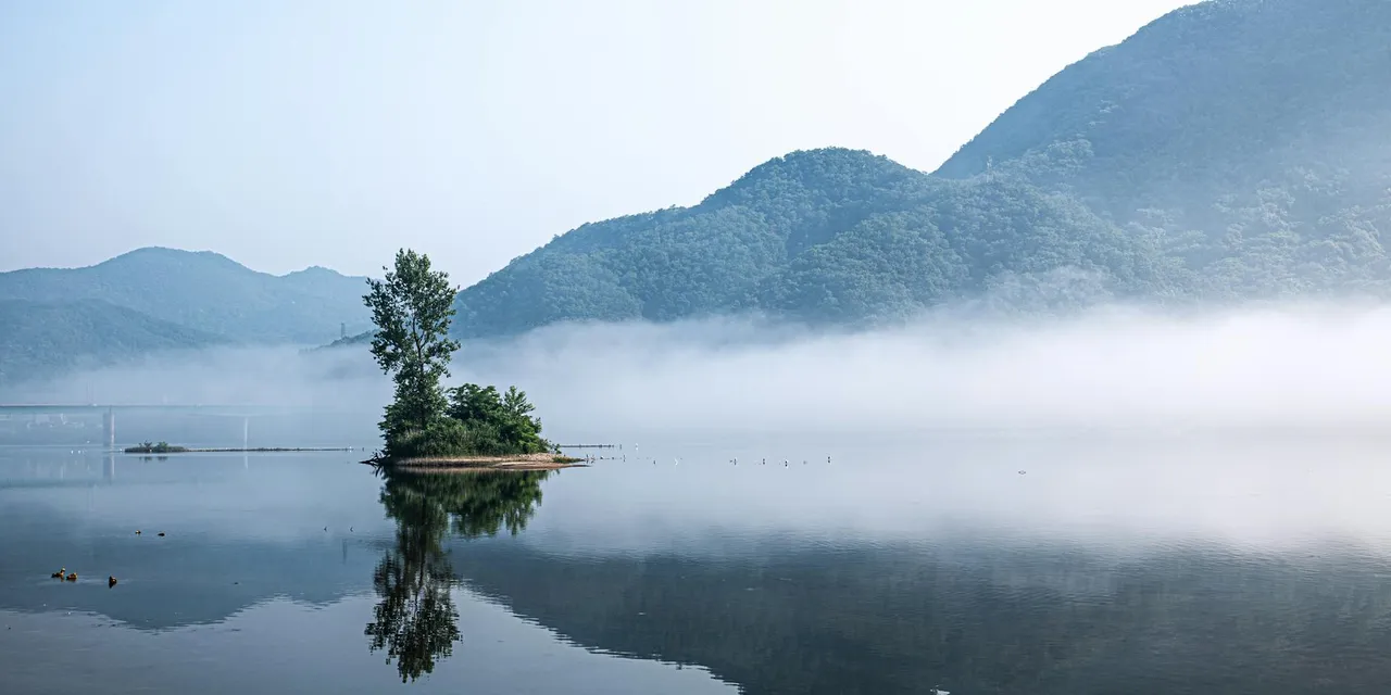 Serene island reflection in a misty lake with mountains, captured in Gapyeong, South Korea.