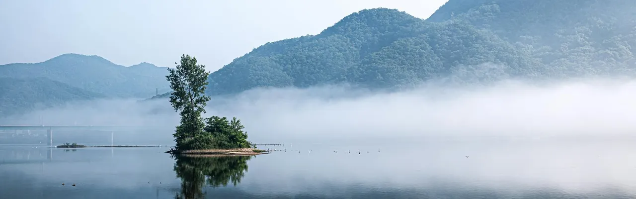 Serene island reflection in a misty lake with mountains, captured in Gapyeong, South Korea.