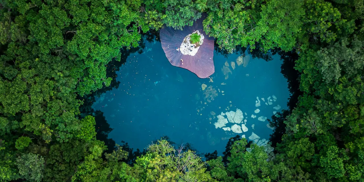 Stunning aerial photo of a cenote surrounded by lush forest in Playa del Carmen, Mexico.