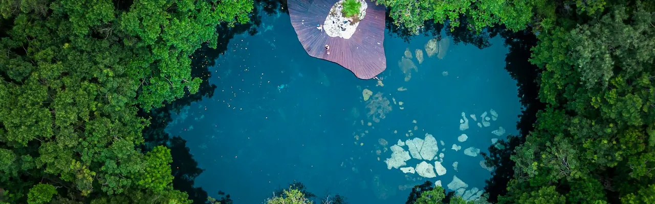 Stunning aerial photo of a cenote surrounded by lush forest in Playa del Carmen, Mexico.