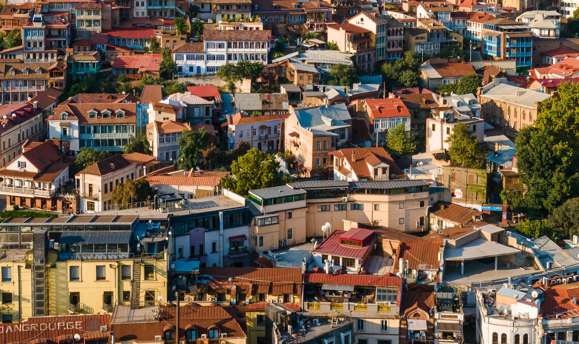 Vibrant aerial view showcasing the diverse architecture of Tbilisi, Georgia.