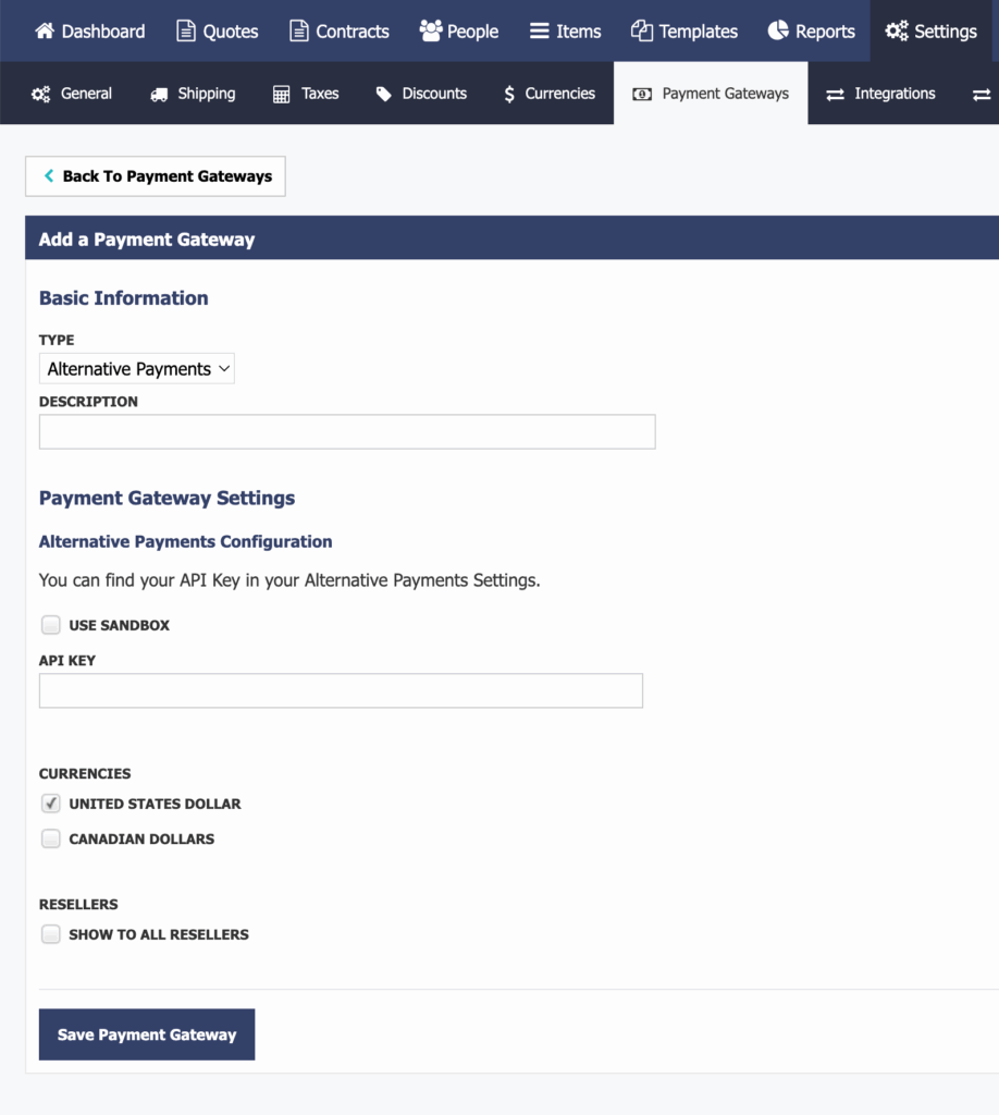 Quoter Payment Gateways after selecting Alternative Payments on the dropdown