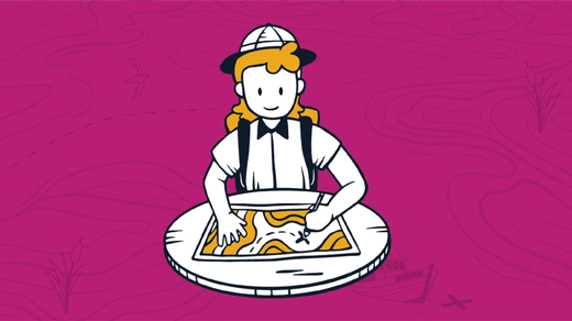 A cartoon of a man in a pith helmet wearing a collared short-sleeve shirt and a backpack facing a map on a round table that he's drawing an