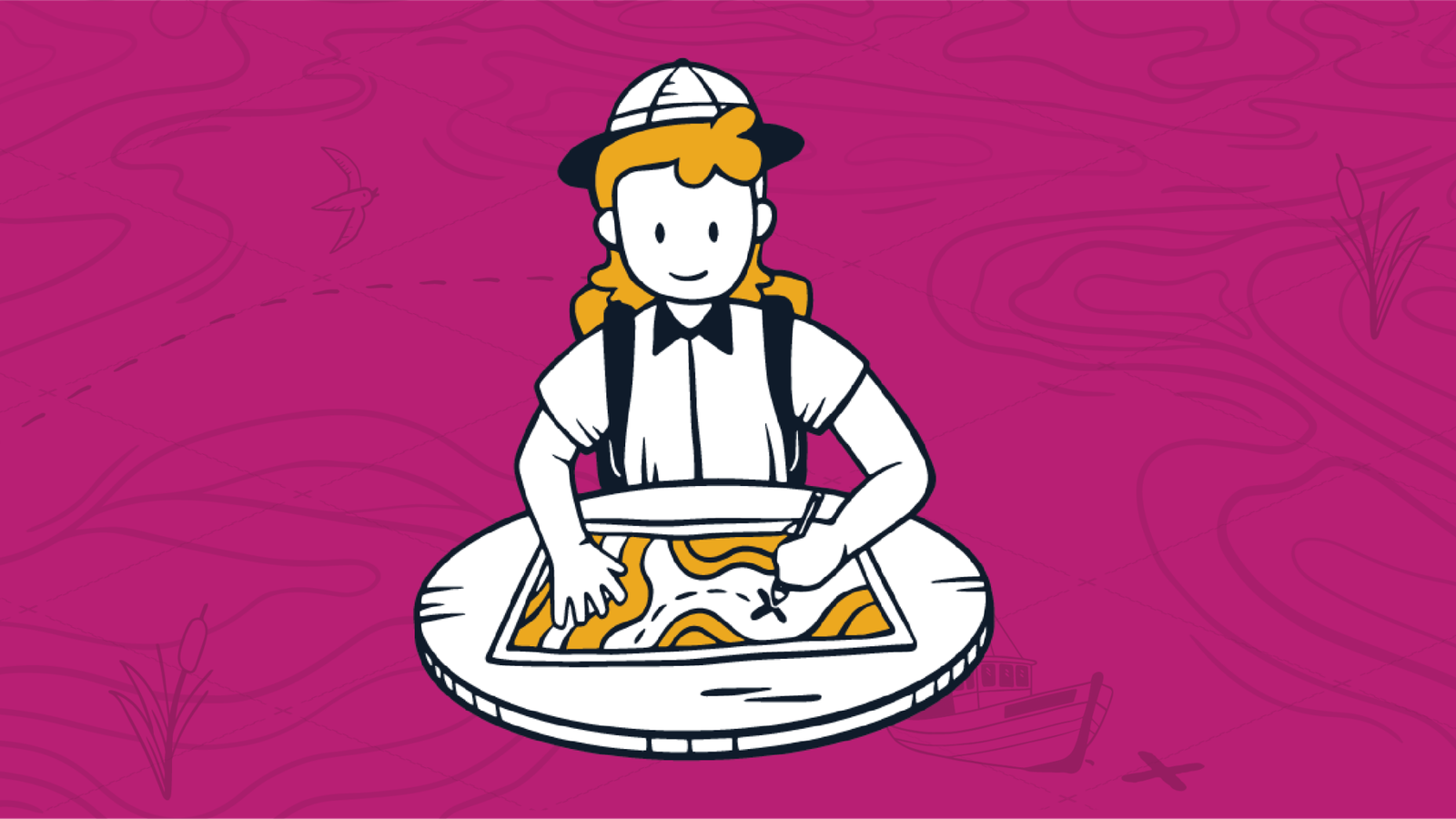 A cartoon of a man in a pith helmet wearing a collared short-sleeve shirt and a backpack facing a map on a round table that he's drawing an