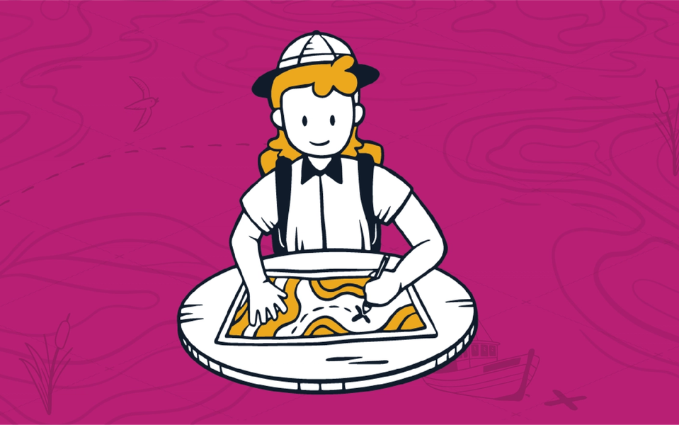 A cartoon of a man in a pith helmet wearing a collared short-sleeve shirt and a backpack facing a map on a round table that he's drawing an
