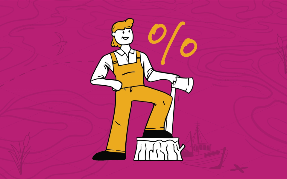 A smiling cartoon lumberjack with one foot on a tree stump, with his hand balancing an axe resting on the same tree stump, and a percentage