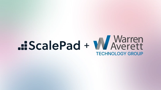 ScalePad and Warren Averett logos on a pink and green gradient background