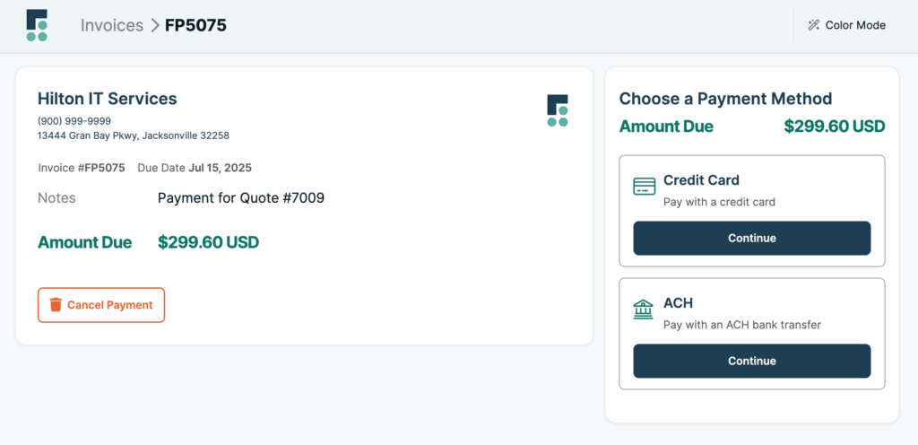 Client can select to pay by credit card or ACH bank transfer in FlexPoint