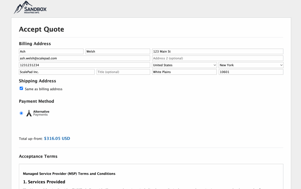 Accept Quote in Quoter with Alternative Payments as the integrated payment method