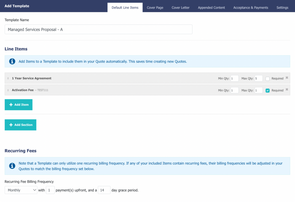 The template builder in Quoter’s dashboard.