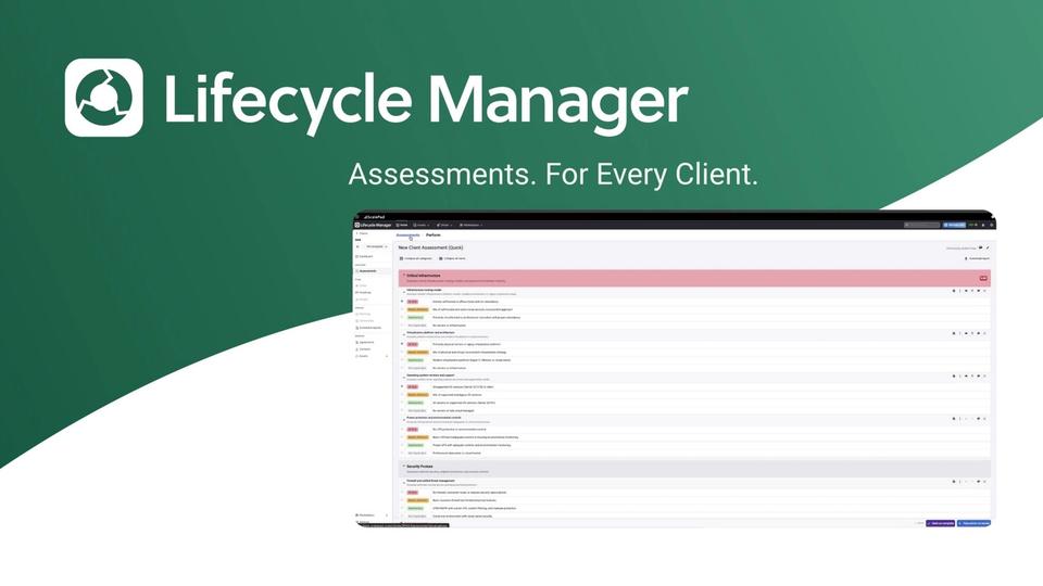 Lifecycle Manager brand hero banner on a green gradient background, with the logo and the slogan; includes a cropped screenshot of the