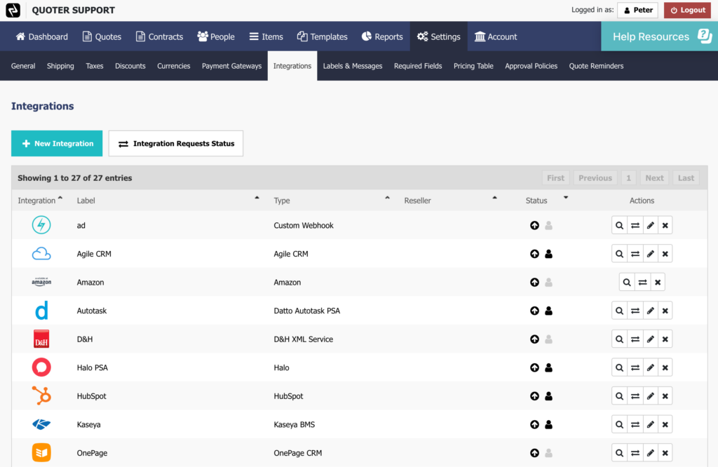 Adding an integration in Quoter’s settings.