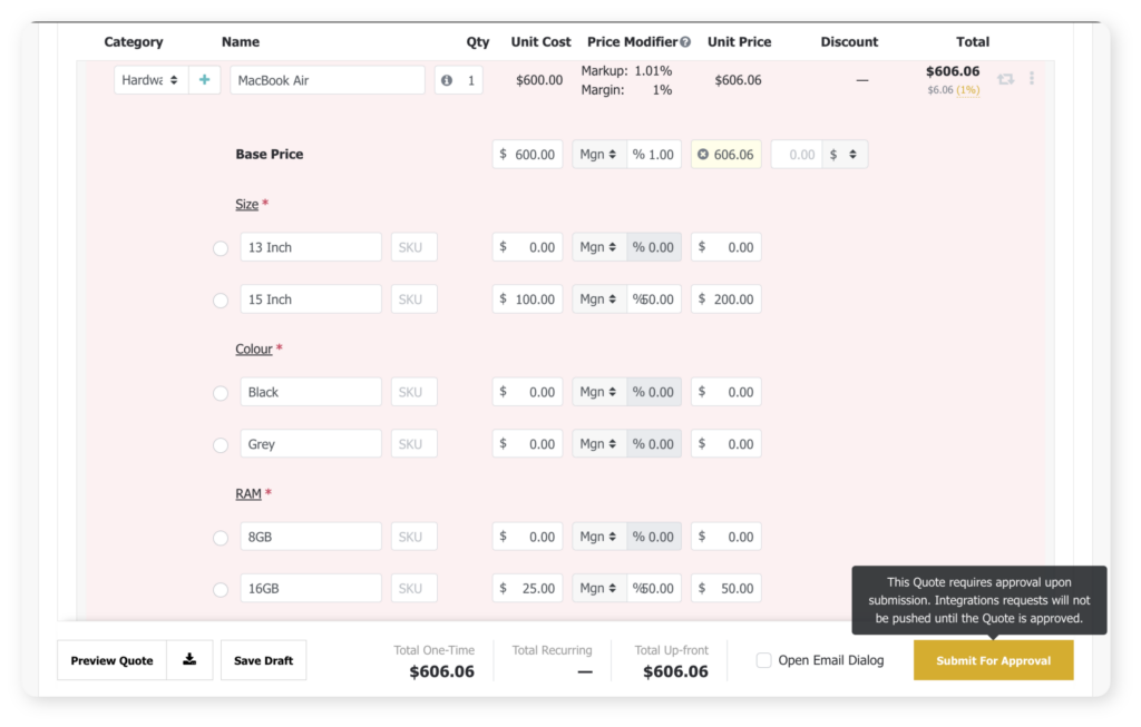 Policy violation triggers the Submit for Approval function in Quoter on a quote template.