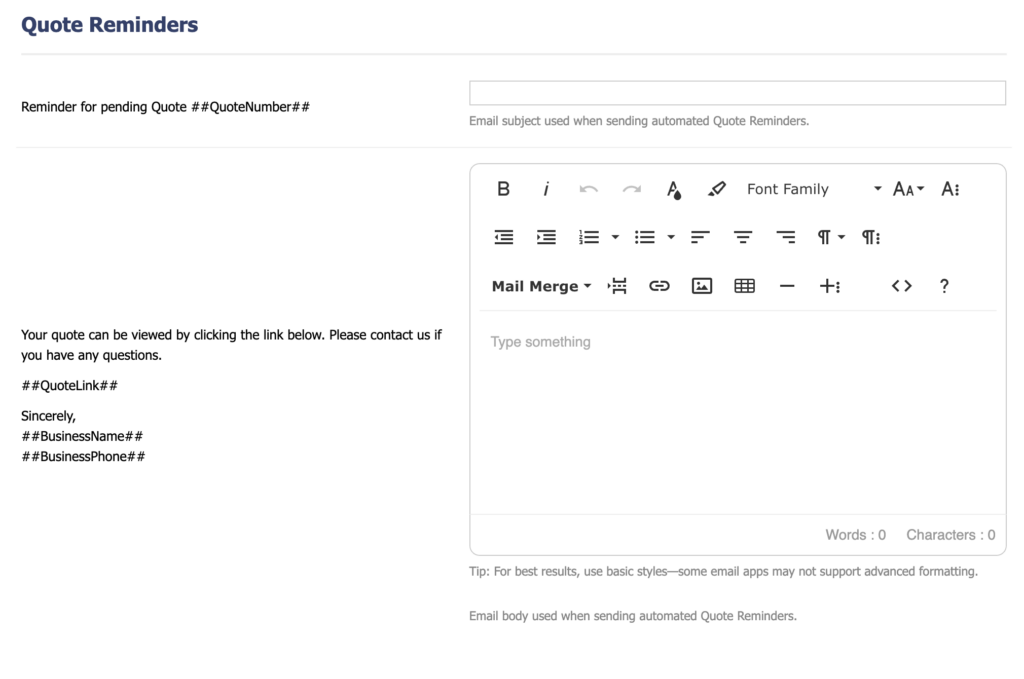 ScalePad Quoter screenshot displaying the Quote Reminders setup view for emailed reminders.