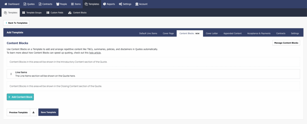 Adding a Content Block below the Line Items pricing table