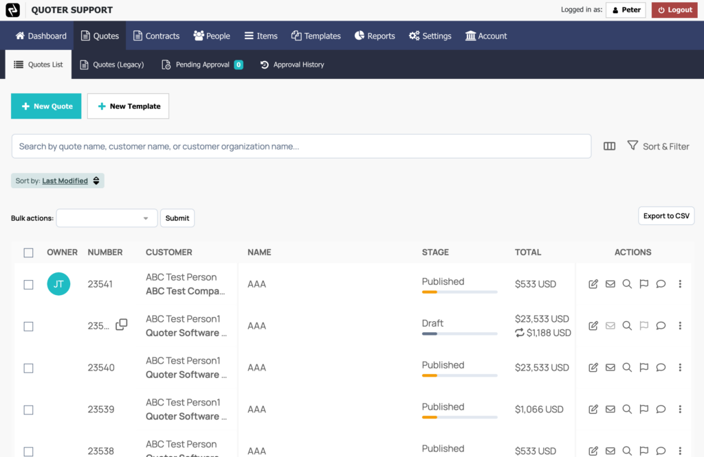 The New Quotes List page view in Quoter.