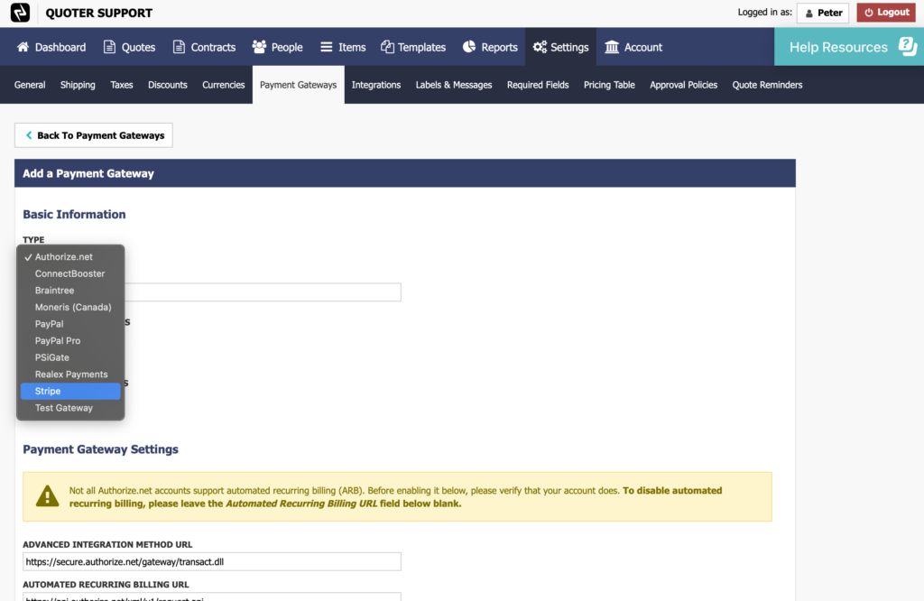 The Payment Gateway settings page in the Quoter dashboard.