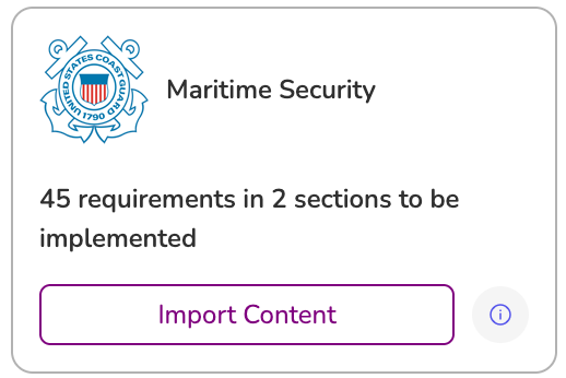 ControlMap Maritime Security framework card showing 45 requirements in two sections.