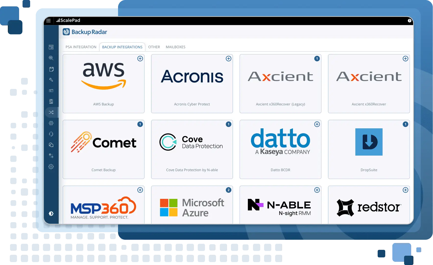 Backup Radar backup integrations grid with supported vendors.