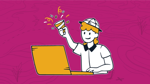 Smiling cartoon character with a collared white polo shirt and a pith helmet waving a celebration cracker while sitting in front of a