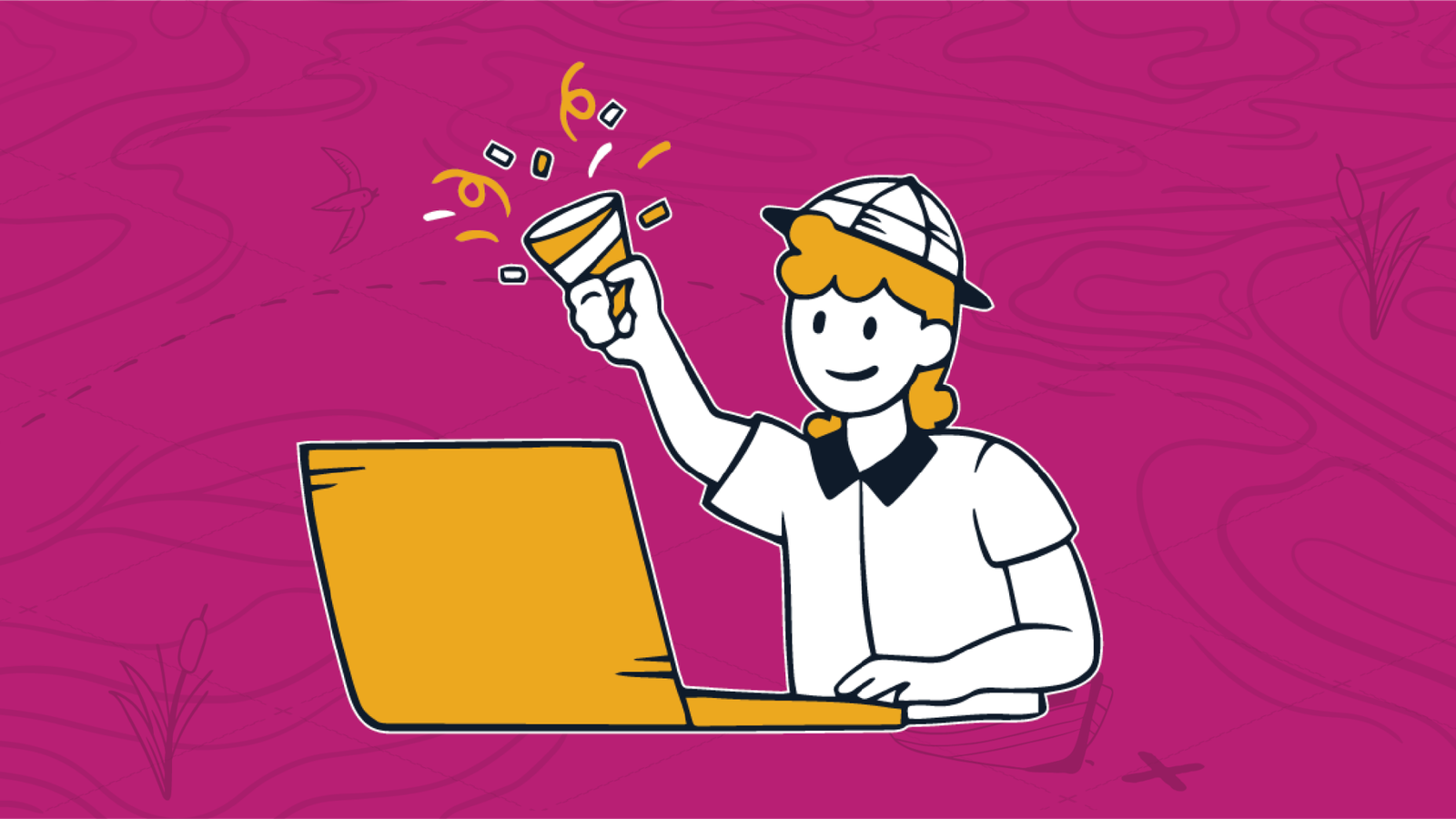Smiling cartoon character with a collared white polo shirt and a pith helmet waving a celebration cracker while sitting in front of a