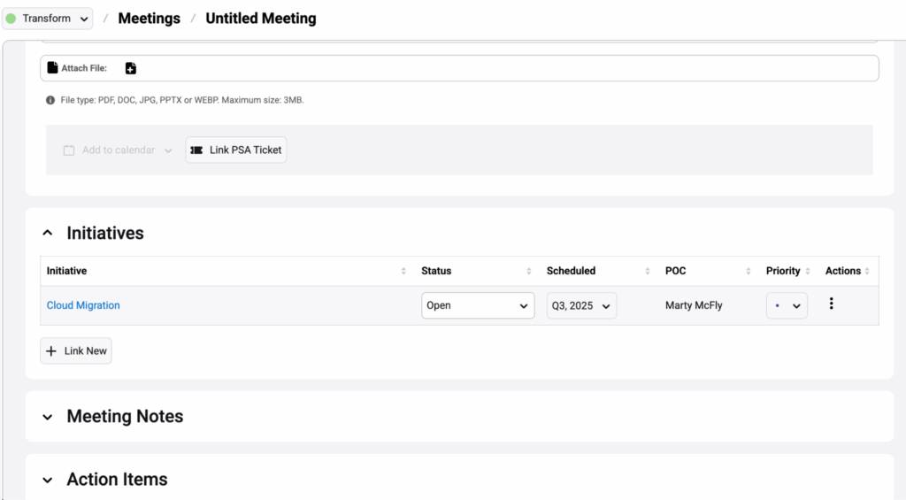 Meeting Linking to Initiative in Lifecycle Manager